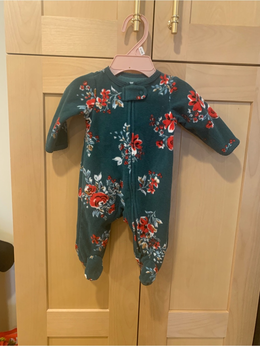 Baby Floral Footed Festive Fleece Pajama One Piece in Green and Red